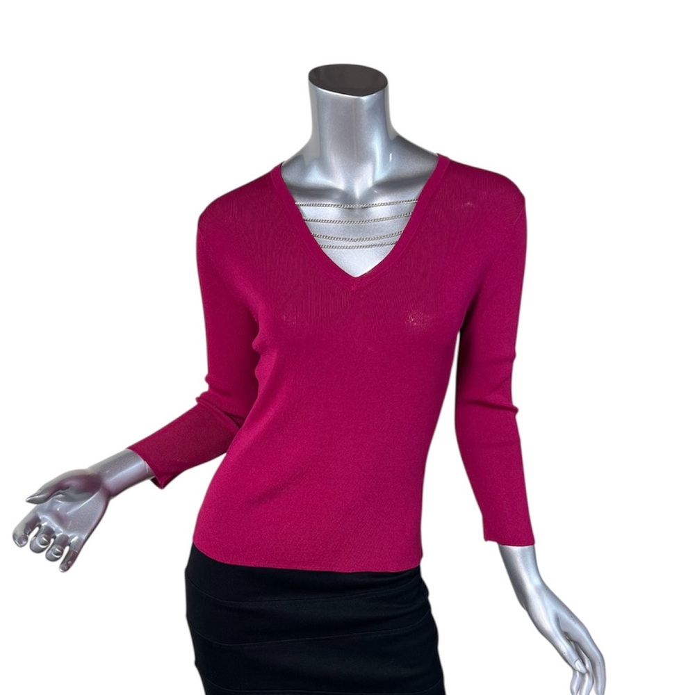 Versailles Women’s Small V Neck Chain Detail Stretch Knit 3/4 Sleeves Blouse